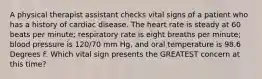 A physical therapist assistant checks vital signs of a patient who has a history of cardiac disease. The heart rate is steady at 60 beats per minute; respiratory rate is eight breaths per minute; blood pressure is 120/70 mm Hg, and oral temperature is 98.6 Degrees F. Which vital sign presents the GREATEST concern at this time?