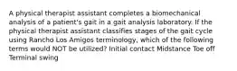 A physical therapist assistant completes a biomechanical analysis of a patient's gait in a gait analysis laboratory. If the physical therapist assistant classifies stages of the gait cycle using Rancho Los Amigos terminology, which of the following terms would NOT be utilized? Initial contact Midstance Toe off Terminal swing