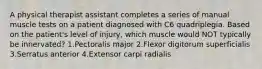 A physical therapist assistant completes a series of manual muscle tests on a patient diagnosed with C6 quadriplegia. Based on the patient's level of injury, which muscle would NOT typically be innervated? 1.Pectoralis major 2.Flexor digitorum superficialis 3.Serratus anterior 4.Extensor carpi radialis