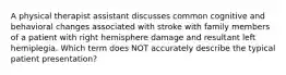 A physical therapist assistant discusses common cognitive and behavioral changes associated with stroke with family members of a patient with right hemisphere damage and resultant left hemiplegia. Which term does NOT accurately describe the typical patient presentation?