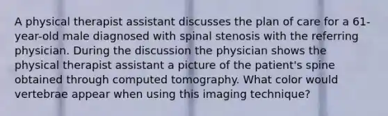 A physical therapist assistant discusses the plan of care for a 61-year-old male diagnosed with spinal stenosis with the referring physician. During the discussion the physician shows the physical therapist assistant a picture of the patient's spine obtained through computed tomography. What color would vertebrae appear when using this imaging technique?