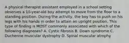 A physical therapist assistant employed in a school setting observes a 10-year-old boy attempt to move from the floor to a standing position. During the activity, the boy has to push on his legs with his hands in order to attain an upright position. This type of finding is MOST commonly associated with which of the following diagnoses? A. Cystic fibrosis B. Down syndrome C. Duchenne muscular dystrophy D. Spinal muscular atrophy