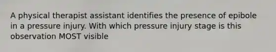 A physical therapist assistant identifies the presence of epibole in a pressure injury. With which pressure injury stage is this observation MOST visible