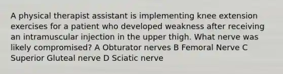 A physical therapist assistant is implementing knee extension exercises for a patient who developed weakness after receiving an intramuscular injection in the upper thigh. What nerve was likely compromised? A Obturator nerves B Femoral Nerve C Superior Gluteal nerve D Sciatic nerve