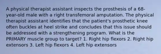 A physical therapist assistant inspects the prosthesis of a 68-year-old male with a right transfemoral amputation. The physical therapist assistant identifies that the patient's prosthetic knee often buckles at heel strike and concludes that this issue should be addressed with a strengthening program. What is the PRIMARY muscle group to target? 1. Right hip flexors 2. Right hip extensors 3. Left hip flexors 4. Left hip extensors