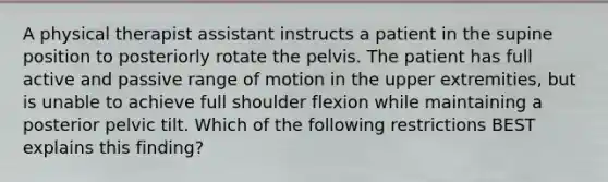 A physical therapist assistant instructs a patient in the supine position to posteriorly rotate the pelvis. The patient has full active and passive range of motion in the upper extremities, but is unable to achieve full shoulder flexion while maintaining a posterior pelvic tilt. Which of the following restrictions BEST explains this finding?