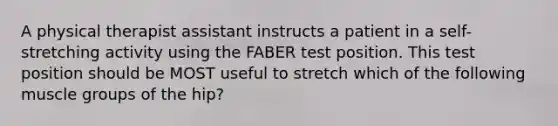 A physical therapist assistant instructs a patient in a self-stretching activity using the FABER test position. This test position should be MOST useful to stretch which of the following muscle groups of the hip?