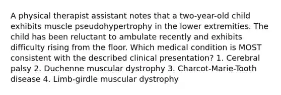 A physical therapist assistant notes that a two-year-old child exhibits muscle pseudohypertrophy in the lower extremities. The child has been reluctant to ambulate recently and exhibits difficulty rising from the floor. Which medical condition is MOST consistent with the described clinical presentation? 1. Cerebral palsy 2. Duchenne muscular dystrophy 3. Charcot-Marie-Tooth disease 4. Limb-girdle muscular dystrophy