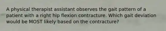 A physical therapist assistant observes the gait pattern of a patient with a right hip flexion contracture. Which gait deviation would be MOST likely based on the contracture?