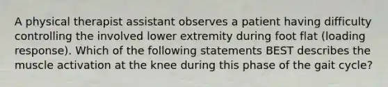 A physical therapist assistant observes a patient having difficulty controlling the involved lower extremity during foot flat (loading response). Which of the following statements BEST describes the muscle activation at the knee during this phase of the gait cycle?