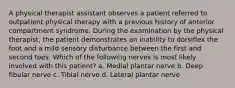 A physical therapist assistant observes a patient referred to outpatient physical therapy with a previous history of anterior compartment syndrome. During the examination by the physical therapist, the patient demonstrates an inability to dorsiflex the foot and a mild sensory disturbance between the first and second toes. Which of the following nerves is most likely involved with this patient? a. Medial plantar nerve b. Deep fibular nerve c. Tibial nerve d. Lateral plantar nerve