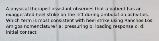 A physical therapist assistant observes that a patient has an exaggerated heel strike on the left during ambulation activities. Which term is most consistent with heel strike using Ranchos Los Amigos nomenclature? a: pressuring b: loading response c: d: initial contact