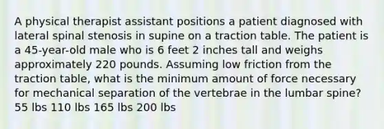 A physical therapist assistant positions a patient diagnosed with lateral spinal stenosis in supine on a traction table. The patient is a 45-year-old male who is 6 feet 2 inches tall and weighs approximately 220 pounds. Assuming low friction from the traction table, what is the minimum amount of force necessary for mechanical separation of the vertebrae in the lumbar spine? 55 lbs 110 lbs 165 lbs 200 lbs