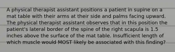 A physical therapist assistant positions a patient in supine on a mat table with their arms at their side and palms facing upward. The physical therapist assistant observes that in this position the patient's lateral border of the spine of the right scapula is 1.5 inches above the surface of the mat table. Insufficient length of which muscle would MOST likely be associated with this finding?