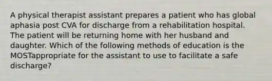 A physical therapist assistant prepares a patient who has global aphasia post CVA for discharge from a rehabilitation hospital. The patient will be returning home with her husband and daughter. Which of the following methods of education is the MOSTappropriate for the assistant to use to facilitate a safe discharge?