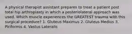 A physical therapist assistant prepares to treat a patient post total hip arthroplasty in which a posteriolateral approach was used. Which muscle experiences the GREATEST trauma with this surgical procedure? 1. Gluteus Maximus 2. Gluteus Medius 3. Piriformis 4. Vastus Lateralis