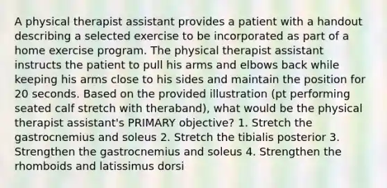 A physical therapist assistant provides a patient with a handout describing a selected exercise to be incorporated as part of a home exercise program. The physical therapist assistant instructs the patient to pull his arms and elbows back while keeping his arms close to his sides and maintain the position for 20 seconds. Based on the provided illustration (pt performing seated calf stretch with theraband), what would be the physical therapist assistant's PRIMARY objective? 1. Stretch the gastrocnemius and soleus 2. Stretch the tibialis posterior 3. Strengthen the gastrocnemius and soleus 4. Strengthen the rhomboids and latissimus dorsi