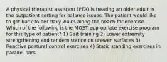 A physical therapist assistant (PTA) is treating an older adult in the outpatient setting for balance issues. The patient would like to get back to her daily walks along the beach for exercise. Which of the following is the MOST appropriate exercise program for this type of patient? 1) Gait training 2) Lower extremity strengthening and tandem stance on uneven surfaces 3) Reactive postural control exercises 4) Static standing exercises in parallel bars