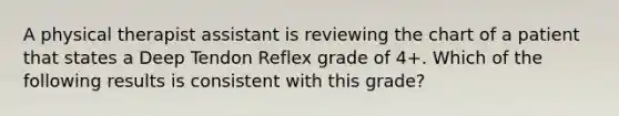 A physical therapist assistant is reviewing the chart of a patient that states a Deep Tendon Reflex grade of 4+. Which of the following results is consistent with this grade?