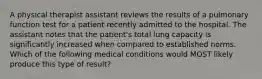 A physical therapist assistant reviews the results of a pulmonary function test for a patient recently admitted to the hospital. The assistant notes that the patient's total lung capacity is significantly increased when compared to established norms. Which of the following medical conditions would MOST likely produce this type of result?