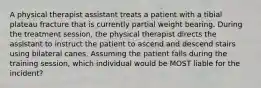 A physical therapist assistant treats a patient with a tibial plateau fracture that is currently partial weight bearing. During the treatment session, the physical therapist directs the assistant to instruct the patient to ascend and descend stairs using bilateral canes. Assuming the patient falls during the training session, which individual would be MOST liable for the incident?