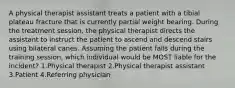 A physical therapist assistant treats a patient with a tibial plateau fracture that is currently partial weight bearing. During the treatment session, the physical therapist directs the assistant to instruct the patient to ascend and descend stairs using bilateral canes. Assuming the patient falls during the training session, which individual would be MOST liable for the incident? 1.Physical therapist 2.Physical therapist assistant 3.Patient 4.Referring physician