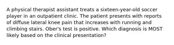 A physical therapist assistant treats a sixteen-year-old soccer player in an outpatient clinic. The patient presents with reports of diffuse lateral knee pain that increases with running and climbing stairs. Ober's test is positive. Which diagnosis is MOST likely based on the clinical presentation?