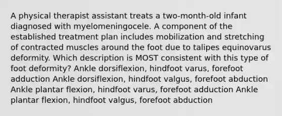 A physical therapist assistant treats a two-month-old infant diagnosed with myelomeningocele. A component of the established treatment plan includes mobilization and stretching of contracted muscles around the foot due to talipes equinovarus deformity. Which description is MOST consistent with this type of foot deformity? Ankle dorsiflexion, hindfoot varus, forefoot adduction Ankle dorsiflexion, hindfoot valgus, forefoot abduction Ankle plantar flexion, hindfoot varus, forefoot adduction Ankle plantar flexion, hindfoot valgus, forefoot abduction