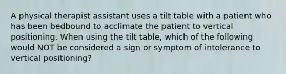 A physical therapist assistant uses a tilt table with a patient who has been bedbound to acclimate the patient to vertical positioning. When using the tilt table, which of the following would NOT be considered a sign or symptom of intolerance to vertical positioning?