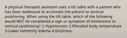 A physical therapist assistant uses a tilt table with a patient who has been bedbound to acclimate the patient to vertical positioning. When using the tilt table, which of the following would NOT be considered a sign or symptom of intolerance to vertical positioning? 1.Hypotension 2.Elevated body temperature 3.Lower extremity edema 4.Dizziness