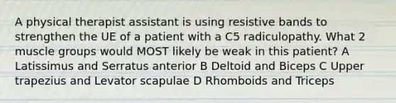 A physical therapist assistant is using resistive bands to strengthen the UE of a patient with a C5 radiculopathy. What 2 muscle groups would MOST likely be weak in this patient? A Latissimus and Serratus anterior B Deltoid and Biceps C Upper trapezius and Levator scapulae D Rhomboids and Triceps