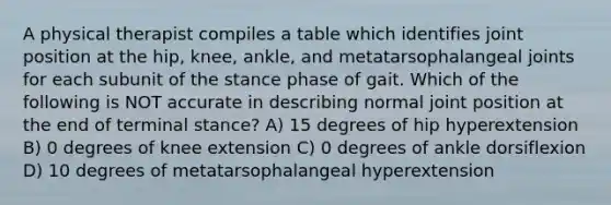 A physical therapist compiles a table which identifies joint position at the hip, knee, ankle, and metatarsophalangeal joints for each subunit of the stance phase of gait. Which of the following is NOT accurate in describing normal joint position at the end of terminal stance? A) 15 degrees of hip hyperextension B) 0 degrees of knee extension C) 0 degrees of ankle dorsiflexion D) 10 degrees of metatarsophalangeal hyperextension