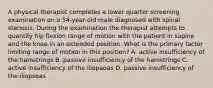 A physical therapist completes a lower quarter screening examination on a 54-year-old male diagnosed with spinal stenosis. During the examination the therapist attempts to quantify hip flexion range of motion with the patient in supine and the knee in an extended position. What is the primary factor limiting range of motion in this position? A. active insufficiency of the hamstrings B. passive insufficiency of the hamstrings C. active insufficiency of the iliopaoas D. passive insufficiency of the iliopsoas