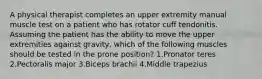 A physical therapist completes an upper extremity manual muscle test on a patient who has rotator cuff tendonitis. Assuming the patient has the ability to move the upper extremities against gravity, which of the following muscles should be tested in the prone position? 1.Pronator teres 2.Pectoralis major 3.Biceps brachii 4.Middle trapezius