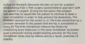 A physical therapist discusses the plan of care for a patient rehabilitating from a THA surgery (posterolateral approach) with the patient's surgeon. During the discussion the surgeon indicates that he would like the patient to continue to wear a knee immobilizer in order to help prevent hip dislocation. The PRIMARY rationale for this action is: A) The knee immobilizer as a constant reminder to the patient that the hip is susceptible to injury. B) The knee immobilizer reduces hip flexion by maintaining knee extension C) The knee immobilizer facilitates quad contraction during weight bearing activities D) The knee immobilizer limits post-op edema and as a result, promotes LE stability