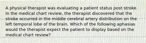 A physical therapist was evaluating a patient status post stroke. In the medical chart review, the therapist discovered that the stroke occurred in the middle cerebral artery distribution on the left temporal lobe of the brain. Which of the following aphasias would the therapist expect the patient to display based on the medical chart review?