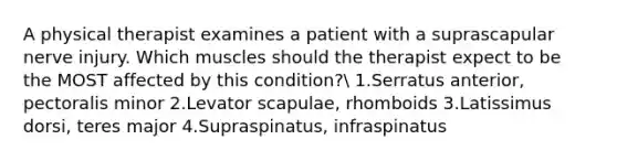 A physical therapist examines a patient with a suprascapular nerve injury. Which muscles should the therapist expect to be the MOST affected by this condition? 1.Serratus anterior, pectoralis minor 2.Levator scapulae, rhomboids 3.Latissimus dorsi, teres major 4.Supraspinatus, infraspinatus