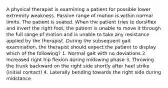 A physical therapist is examining a patient for possible lower extremity weakness. Passive range of motion is within normal limits. The patient is seated. When the patient tries to dorsiflex and invert the right foot, the patient is unable to move it through the full range of motion and is unable to take any resistance applied by the therapist. During the subsequent gait examination, the therapist should expect the patient to display which of the following? 1. Normal gait with no deviations 2. Increased right hip flexion during midswing phase 3. Throwing the trunk backward on the right side shortly after heel strike (initial contact) 4. Laterally bending towards the right side during midstance