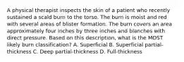 A physical therapist inspects the skin of a patient who recently sustained a scald burn to the torso. The burn is moist and red with several areas of blister formation. The burn covers an area approximately four inches by three inches and blanches with direct pressure. Based on this description, what is the MOST likely burn classification? A. Superficial B. Superficial partial-thickness C. Deep partial-thickness D. Full-thickness