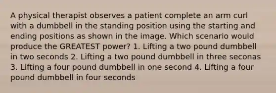 A physical therapist observes a patient complete an arm curl with a dumbbell in the standing position using the starting and ending positions as shown in the image. Which scenario would produce the GREATEST power? 1. Lifting a two pound dumbbell in two seconds 2. Lifting a two pound dumbbell in three seconas 3. Lifting a four pound dumbbell in one second 4. Lifting a four pound dumbbell in four seconds