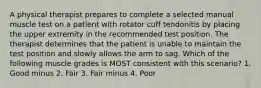 A physical therapist prepares to complete a selected manual muscle test on a patient with rotator cuff tendonitis by placing the upper extremity in the recommended test position. The therapist determines that the patient is unable to maintain the test position and slowly allows the arm to sag. Which of the following muscle grades is MOST consistent with this scenario? 1. Good minus 2. Fair 3. Fair minus 4. Poor