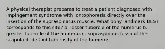 A physical therapist prepares to treat a patient diagnosed with impingement syndrome with iontophoresis directly over the insertion of the supraspinatus muscle. What bony landmark BEST corresponds to this site? a. lesser tubercle of the humerus b. greater tubercle of the humerus c. supraspinous fossa of the scapula d. deltoid tuberosity of the humerus