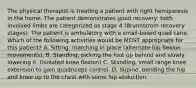 The physical therapist is treating a patient with right hemiparesis in the home. The patient demonstrates good recovery: both involved limbs are categorized as stage 4 (Brunnstrom recovery stages). The patient is ambulatory with a small-based quad cane. Which of the following activities would be MOST appropriate for this patient? A. Sitting, marching in place (alternate hip flexion movements). B. Standing, picking the foot up behind and slowly lowering it. (Isolated knee flexion) C. Standing, small range knee extension to gain quadriceps control. D. Supine, bending the hip and knee up to the chest with some hip abduction