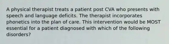 A physical therapist treats a patient post CVA who presents with speech and language deficits. The therapist incorporates phonetics into the plan of care. This intervention would be MOST essential for a patient diagnosed with which of the following disorders?