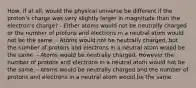 How, if at all, would the physical universe be different if the proton's charge was very slightly larger in magnitude than the electron's charge? - Either atoms would not be neutrally charged or the number of protons and electrons in a neutral atom would not be the same. - Atoms would not be neutrally charged, but the number of protons and electrons in a neutral atom would be the same. - Atoms would be neutrally charged. However the number of protons and electrons in a neutral atom would not be the same. - Atoms would be neutrally charged and the number of protons and electrons in a neutral atom would be the same.