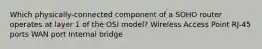 Which physically-connected component of a SOHO router operates at layer 1 of the OSI model? Wireless Access Point RJ-45 ports WAN port Internal bridge