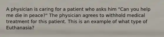 A physician is caring for a patient who asks him "Can you help me die in peace?" The physician agrees to withhold medical treatment for this patient. This is an example of what type of Euthanasia?