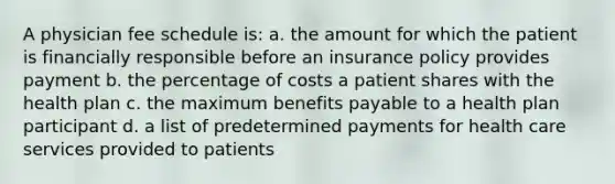 A physician fee schedule is: a. the amount for which the patient is financially responsible before an insurance policy provides payment b. the percentage of costs a patient shares with the health plan c. the maximum benefits payable to a health plan participant d. a list of predetermined payments for health care services provided to patients