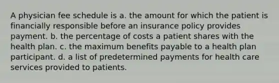 A physician fee schedule is a. the amount for which the patient is financially responsible before an insurance policy provides payment. b. the percentage of costs a patient shares with the health plan. c. the maximum benefits payable to a health plan participant. d. a list of predetermined payments for health care services provided to patients.