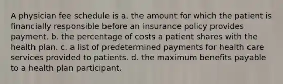 A physician fee schedule is a. the amount for which the patient is financially responsible before an insurance policy provides payment. b. the percentage of costs a patient shares with the health plan. c. a list of predetermined payments for health care services provided to patients. d. the maximum benefits payable to a health plan participant.